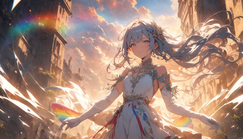  (masterpiece),(best quality:1.3),very aesthetic, absurdres, newest,(highres, best quality:1.2), radiance, soft contours, beautiful drawing, upper body, concept art, detailed background, bright colors,
1girl, (illustration), (perfect details, highest detailed, extreme detailed), dramatic light, (white thighhighs, elbow gloves, hair ornament, star hair ornament, dress), rainbow hair, long hair), (street, sunlight, shy smile, floating hair, )