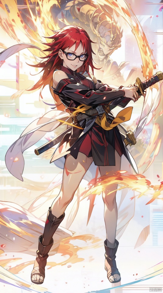  masterpiece, best quality, 1girl, Karin Uzumaki ,slender, beasts,(boots:1.1), bare shoulders,looking at viewer, fantasy world background,black glasses,red long hair, holding, open mouth, standing, full body, weapon,fire, red armor, sword,holding weapon, holding sword, katana, sheath, sheathed, fighting stance, unsheathing, segaev,  Karin_Uzumaki, Karin_Uzumaki, Naruto, taoist,Karin, mechpp