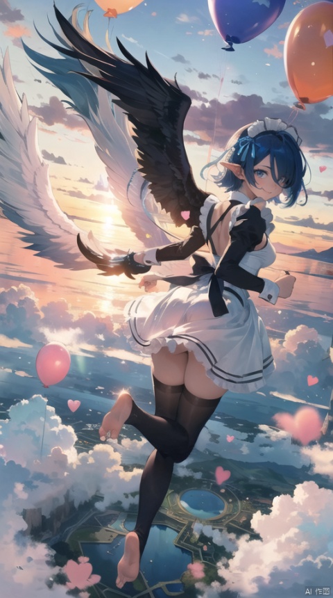  masterpiece, best quality, 1girl, 30 years old,solo,breasts, looking at viewer,(fantasy) ,smile, elf ears,short hair, blue eyes,(sunset:1.1),magic circle, hair ornament, ribbon, blue hair, hair ribbon, angel wings with wind effect, hair over one eye, barefoot,cloud,maid, parody, hearts balloon,sky castle, roswaal mansion maid uniform,  sky,cloud, segaev, landing, lora_eyes10, , jellyfishforest, See through maid, fazhen