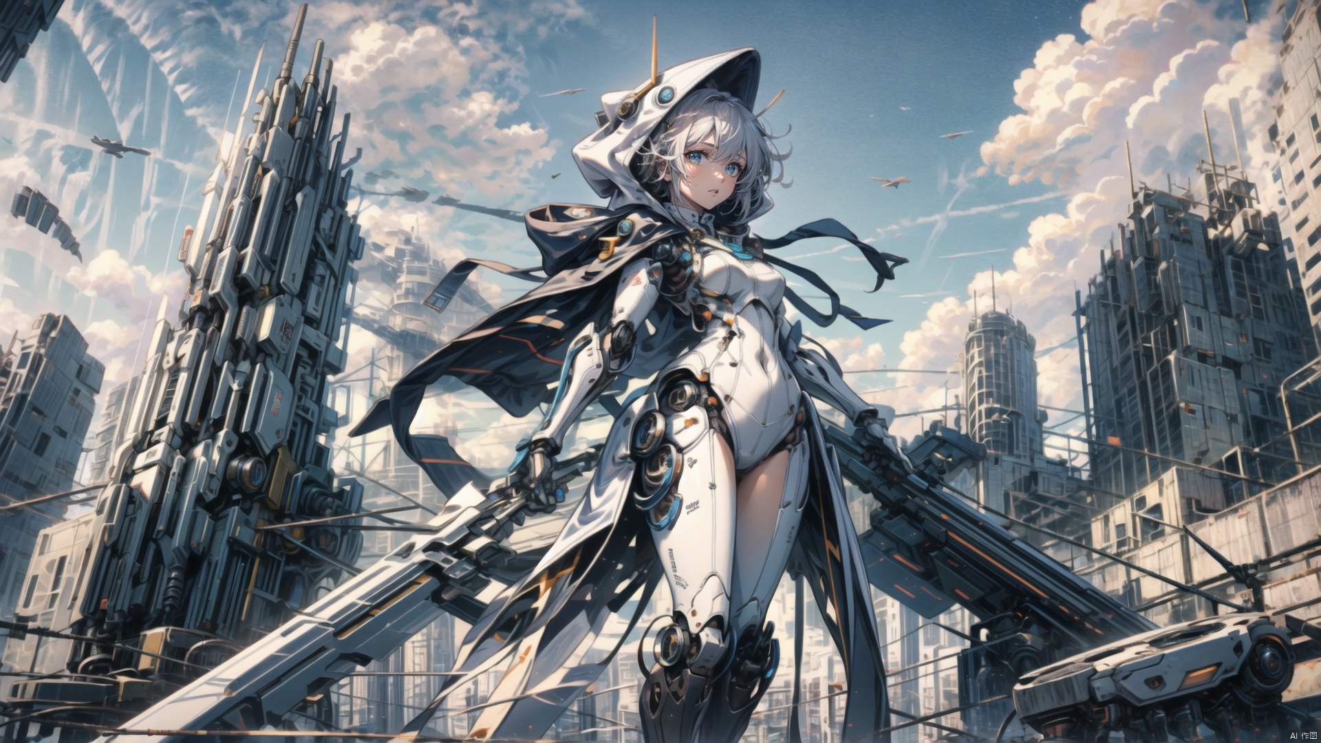  ((masterpiece:1.2)),(( best quality)), 1girl,  ,holding, sky, solo, hood up, , hood, outdoors, cloud, holding machinery weapon , blue sky, white hair, short hair, ruins, building, standing, grey hair, day, from below, bodysuit, cape ,machinery, tianxie, ROBOTANIMESTYLE, robot girl,