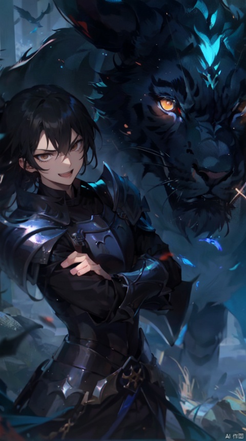 masterpiece, best quality, 1boy,middle age man,black knight,strong breast ,evil smile,open mouth , solo, long hair, looking at viewer, grey eyes, white hair, ,devil world,( black knight armor:1.1), black demon glove,crossed arms, black shoulder armor, black lion with red eye, segaev, (\long yun heng tong\), r1ge,流光,光效,散发, taoist,粒子, segaev, White Tiger, midjourney portrait, jellyfishforest