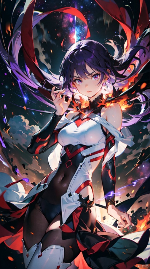  masterpiece, best quality, 1girl, solo, long hair, purple hair, slender,floating hair, mage ,bare shoulders,white dress,white bodysuit , breasts, (perfect hand),attacking, fire,electric ,magic, purple with red theme,galaxy,powerful ,fazhen, r1ge, CLOUD, Lora_hands_v1