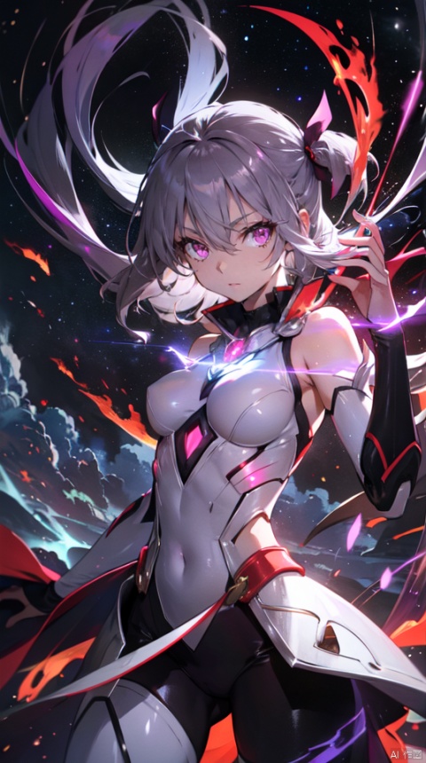  masterpiece, best quality, 1girl, solo, long hair, purple hair, slender,floating hair ,(extremely delicate eyes:1.3),mage, detailed light silver shiny armour,bare shoulders,white tight bodysuit , breasts, (perfect body),attacking pose,fire,electric ,magic, purple with red theme,galaxy,powerful ,fazhen, r1ge, CLOUD, Lora_hands_v1, prisma illya