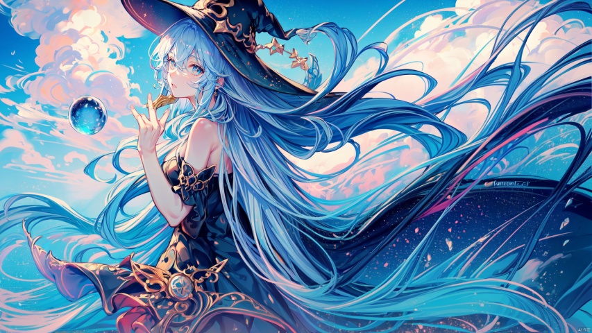  (((masterpiece))), ((extremely detailed CG unity 8k wallpaper)), best quality, high resolution illustration, Amazing, highres, intricate detail, (best illumination, best shadow, an extremely delicate and beautiful), Fantasy World,a little girl, cute girl, bare shoulders,closed mouth, 
long hair, blue hair, blue eyes, blue which hat, 
oversized white shirt, dark cape, wind magic, 
(long sorcerer's staff, holding a wand with a blue crystal orb at the tip in one hand:1.2), magic pose,
kawaiitech, kawaii, cute colors, Magic Circle, Magic MIX1, fansty world