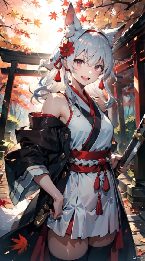 masterpiece, best quality, intricate details, 1girl, upper body,solo, slender, tall,long hair, looking at viewer,  white hair, very long hair, outdoors, serafuku, hair ornament, thighhighs, bare shoulders, jewelry, hairband, earrings, detached sleeves, japanese clothes,wide sleeves, white thighhighs, red skirt, obi, sandals,, tassel, hakama, nontraditional miko, hip vent,sword, red eyes, tree, leaf, katana, realistic, autumn leaves, torii, autumn,fox ears, iridescent light,(glow light:1.1)
, taoist, backlight, segaev, Lora_hands_v1