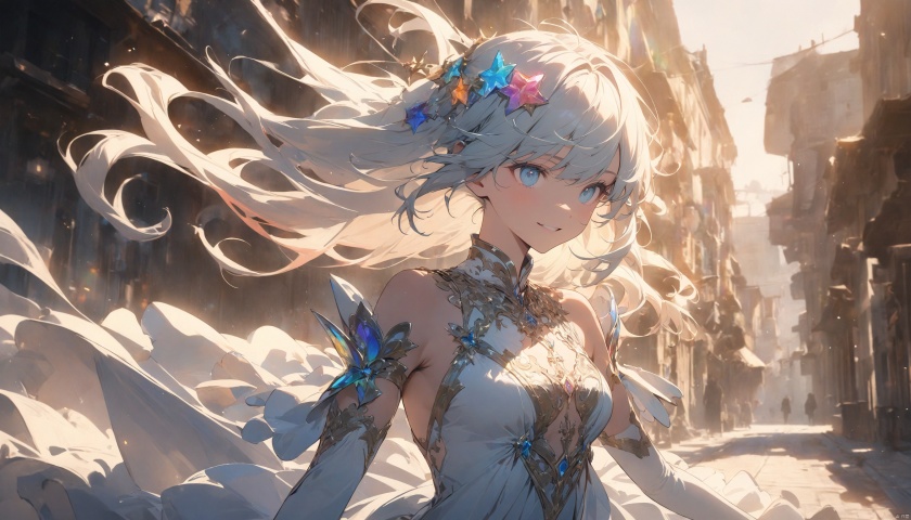  (masterpiece),(best quality:1.3),very aesthetic, absurdres, newest,(highres, best quality:1.2), radiance, soft contours, beautiful drawing, upper body, concept art, detailed background, bright colors,
1girl, (illustration), (perfect details, highest detailed, extreme detailed), dramatic light, (white thighhighs, elbow gloves, hair ornament, star hair ornament, dress), rainbow hair, long hair), (street, sunlight, shy smile, floating hair, )