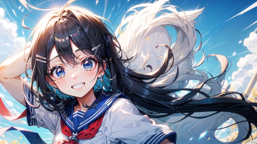 1girl, solo, long hair, breasts, looking at viewer, blush, smile, bangs, blue eyes, shirt, hair ornament, school uniform, white shirt, upper body, white hair, short sleeves, outdoors, sky, teeth, serafuku, day, cloud, sailor collar, grin, from side, blue sky, neckerchief, floating hair, white sailor collar, railing, blue neckerchief