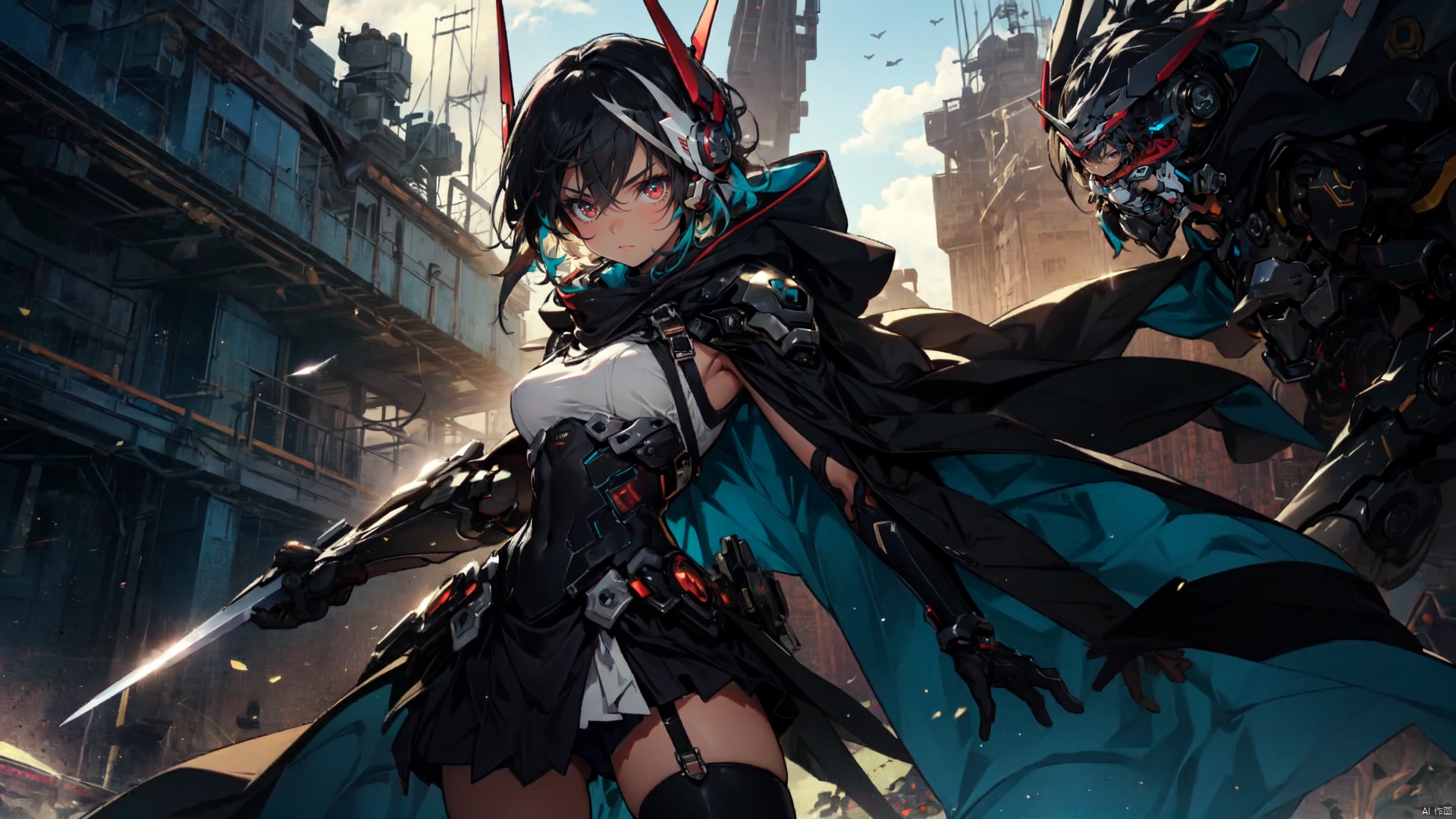  ((masterpiece:1.2)),(( best quality)), 1girl, weapon, black hair, solo, red eyes, sword,  breasts, holding sword, thighhighs, gloves, short hair, looking at viewer, white thighhighs, headgear, multicolored hair, closed mouth, black gloves, streaked hair, elbow gloves,breasts, hair between eyes, dress, mecha musume, hood, cape, machinery