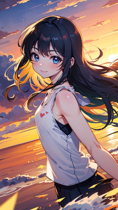 masterpiece, best quality , 1girl, Fantasy world, cute patterned white tank top ,strong wind, sunset, travel, Light in the face, windy, strong sunset,smile, kawaii, (dynamic angle),blue eyes, Lora_hands_v1, girl