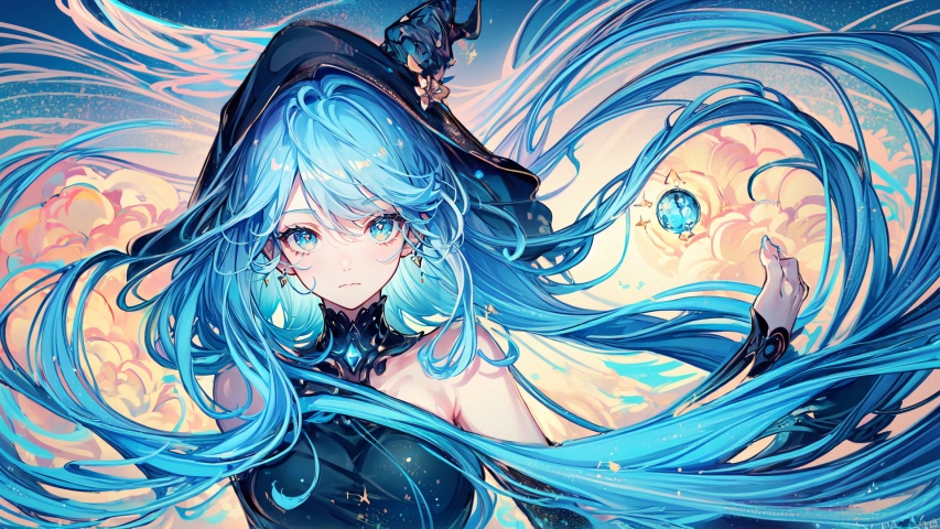 (((masterpiece))), ((extremely detailed CG unity 8k wallpaper)), best quality, high resolution illustration, Amazing, highres, intricate detail, (best illumination, best shadow, an extremely delicate and beautiful), Fantasy World,a little girl, cute girl, bare shoulders,closed mouth,  
long hair, blue hair, blue eyes, blue which hat, 
oversized white shirt, dark cape, wind magic, 
(long sorcerer's staff, holding a wand with a blue crystal orb at the tip in one hand:1.2), 
kawaiitech, kawaii, cute colors, Magic Circle, Magic MIX1, fansty world