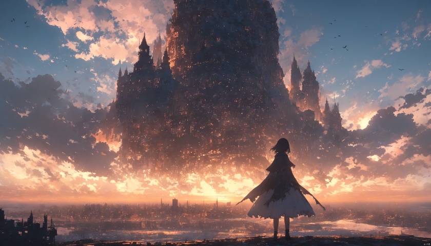 masterpiece,best quality,very aesthetic,ultra sharp,ultra details,intricate details,absurdres,1girl, cloud, scenery, sky, solo, outdoors, dress, horizon, fantasy, standing, tower, short hair, sunset, from behind,side view, cloudy sky, bird, capelet, sunrise, blue sky, sunset, facing away, cityscape, city