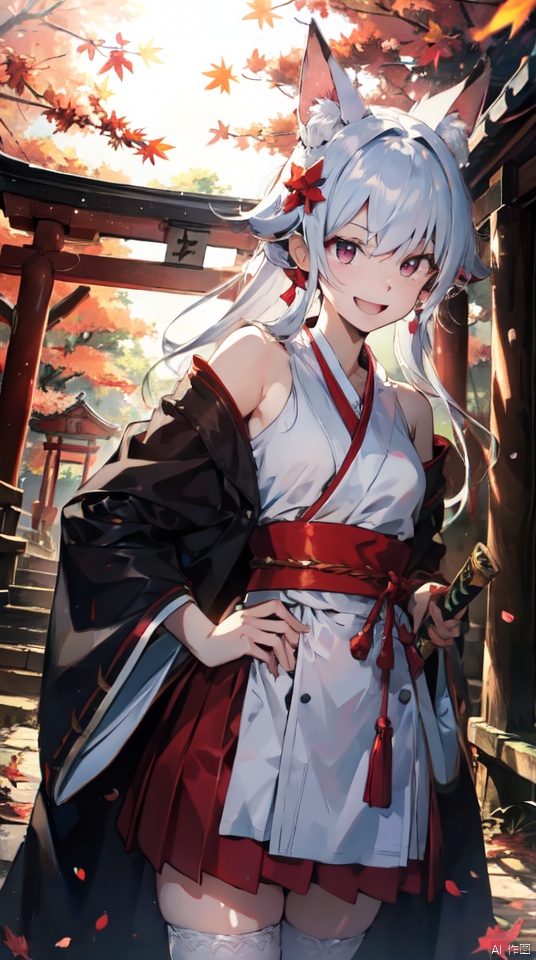 masterpiece, best quality, intricate details, 1girl, upper body,solo, slender, tall,long hair, looking at viewer,  white hair, very long hair, outdoors, serafuku, hair ornament, thighhighs, bare shoulders, jewelry, hairband, earrings, detached sleeves, japanese clothes,wide sleeves, white thighhighs, red skirt, obi, sandals,, tassel, hakama, nontraditional miko, hip vent,sword, red eyes, tree, leaf, katana, realistic, autumn leaves, torii, autumn,fox ears, iridescent light,(glow light:1.1)
, taoist, backlight, segaev, Lora_hands_v1