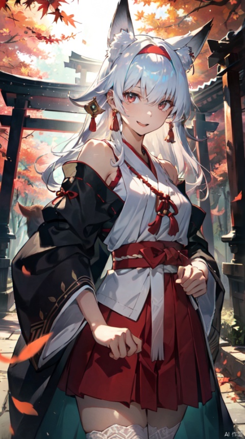 masterpiece, best quality, intricate details, 1girl, upper body,solo, slender, tall,long hair, looking at viewer,  white hair, very long hair, outdoors, serafuku, hair ornament, thighhighs, bare shoulders, jewelry, hairband, earrings, detached sleeves, japanese clothes,wide sleeves, white thighhighs, red skirt, obi, sandals,, tassel, hakama, nontraditional miko, hip vent,sword, red eyes, tree, leaf, katana, realistic, autumn leaves, torii, autumn,fox ears, iridescent light,(glow light:1.1)
, taoist, backlight, segaev, Lora_hands_v1, lora_eyes10