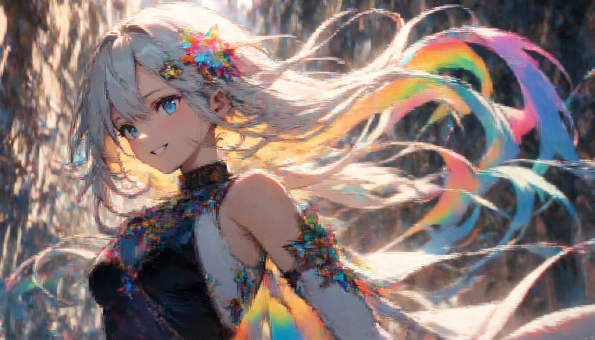  (masterpiece),(best quality:1.3),very aesthetic, absurdres, newest,(highres, best quality:1.2), radiance, soft contours, beautiful drawing, upper body, concept art, detailed background, bright colors,
1girl, (perfect details, highest detailed, extreme detailed), dramatic light, (white thighhighs, elbow gloves, hair ornament, star hair ornament, dress), rainbow hair, long hair), (street, sunlight, shy smile, floating hair, ),fantasy background,