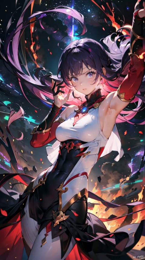  masterpiece, best quality, 1girl, solo, long hair, purple hair, slender,floating hair, mage ,bare shoulders,long dress,white bodysuit , (muscle), breasts, (strong body),attacking, fire,electric ,magic, purple with red theme,galaxy,powerful ,fazhen, r1ge, CLOUD, Lora_hands_v1