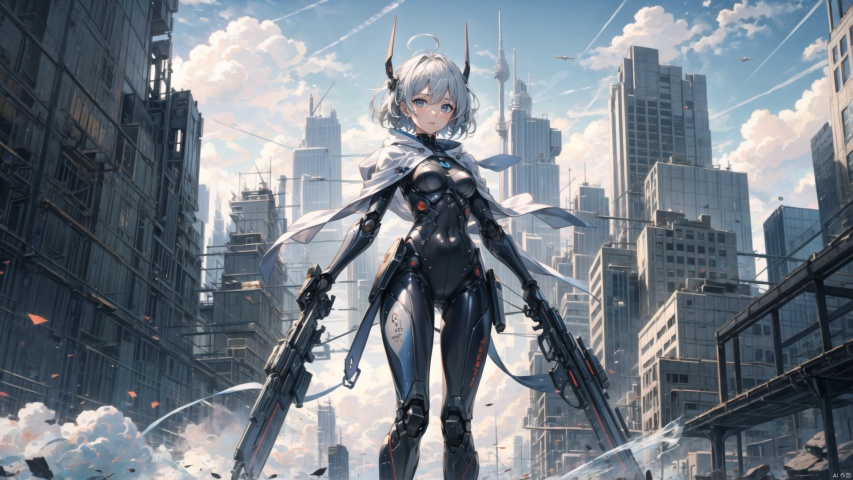  ((masterpiece:1.2)),(( best quality)), 1girl,  ,holding, sky, solo, hood up, , hood, outdoors, cloud, holding machinery weapon , blue sky, white hair, short hair, ruins, building, standing, grey hair, day, from below, bodysuit, cape ,machinery, tianxie, ROBOTANIMESTYLE, robot girl,