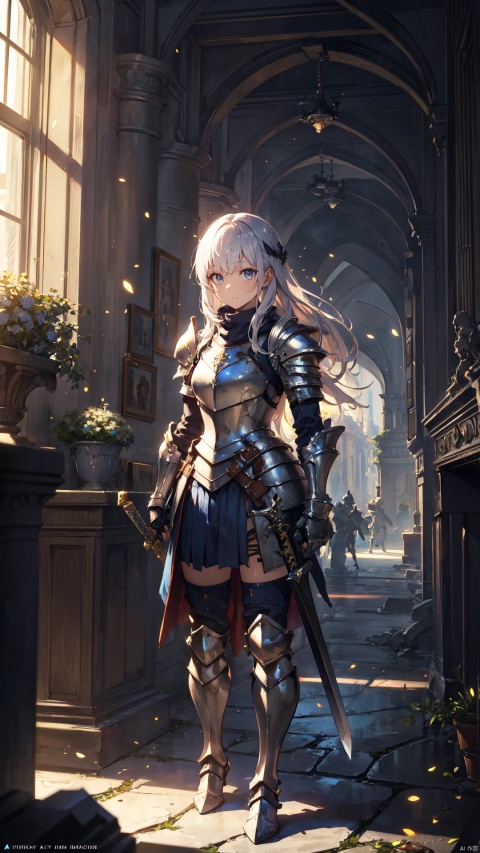  (Masterpiece:1.2), high quality,(pixiv:1.4),(fansty world), {fantasy theme, final fantasy style}, 1girl, solo, alone, knight, armor, weapon, long hair, gauntlets, sword, breastplate, standing, holding weapon,holding sword, planted, planted sword, bangs, plate armor,  hands on hilt, armored boots, faulds, light particles,sitting,  (full body:1.3), glowing, face_focus, ruins background, (masterpiece:1.2), best quality,game cg,fantasy, ultra detailed, illustration, 
