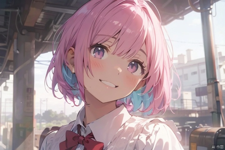 Masterpiece, high quality,best quality, extremely detailed CG unity 8k wallpaper, cute face, woman,1 adlut girl,solo, highres, smooth skin,young face, incredibly absurdres, colorful, illustration , looking at viewer, blush, smile, short hair, bangs, shirt, long sleeves, bow, closed mouth, school uniform, purple eyes, white shirt, upper body, pink hair, collared shirt, indoors, bowtie, pink eyes,red bow, arms up,red bowtie, cozy anime