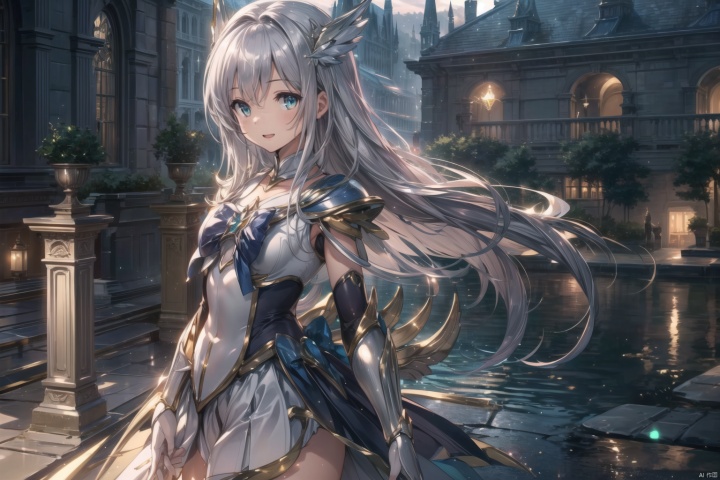 (Magical girl:1.3),smile,(ultra detailed perfect piece:1.2), illustration, masterpiece, (extremely detailed CG 8k), (very fine 8K CG),(silver long hair:1.2), (long hair),green eyes,sparkling,women,magic scenery background ,HXARMOUR