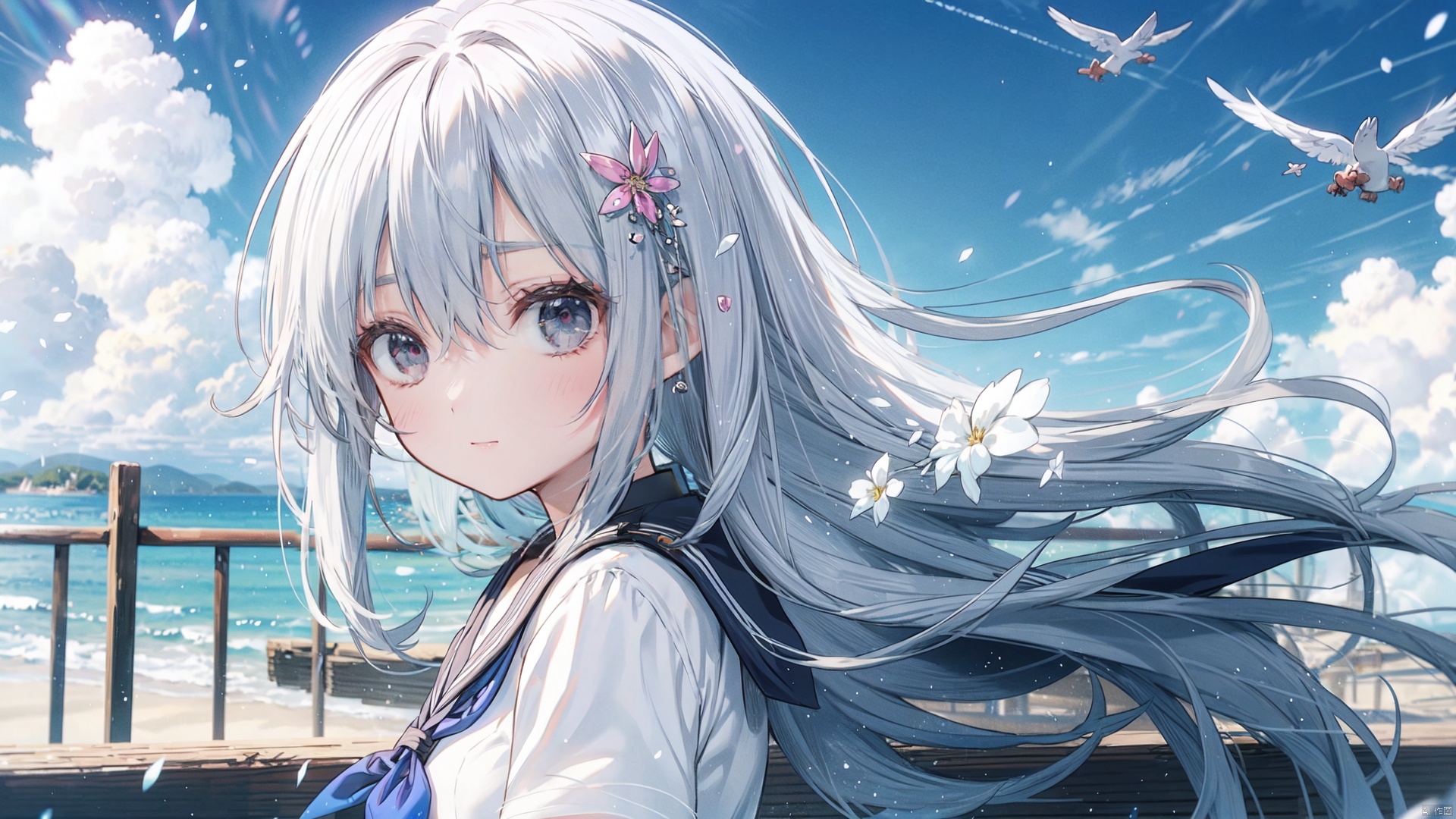 1girl, solo, long hair, breasts, looking at viewer, blush, smile, bangs, blue eyes, shirt, hair ornament, school uniform, white shirt, upper body, white hair, short sleeves, outdoors, sky, teeth, serafuku, day, cloud, sailor collar, grin, from side, blue sky, neckerchief, floating hair, white sailor collar, railing, blue neckerchief, cozy anime, segaev