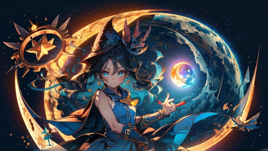 masterpiece, extremely detailed CG unity 8k wallpaper, best quality, high resolution illustration, Amazing, highres, intricate detail,  Fantasy World,(a little girl, cute girl), bare shoulders,closed mouth, 
long hair, blue hair, blue eyes, blue which hat, 
oversized white shirt, dark cape, wind magic, 
(long sorcerer's staff, holding a wand with a blue crystal staff ), magic pose,
kawaiitech, kawaii, cute colors, Magic Circle, Magic MIX1, fansty world, SEGAE, segaev, As the moon, prisma illya,1girl