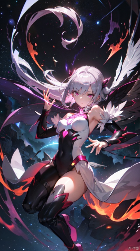  masterpiece, best quality, 1girl, solo, long hair, purple hair, slender,floating hair ,(extremely delicate eyes:1.3),mage, detailed light silver shiny armour,bare shoulders,white tight bodysuit , breasts, (perfect body),attacking, fire,electric ,magic, purple with red theme,galaxy,powerful ,fazhen, r1ge, CLOUD, Lora_hands_v1, prisma illya