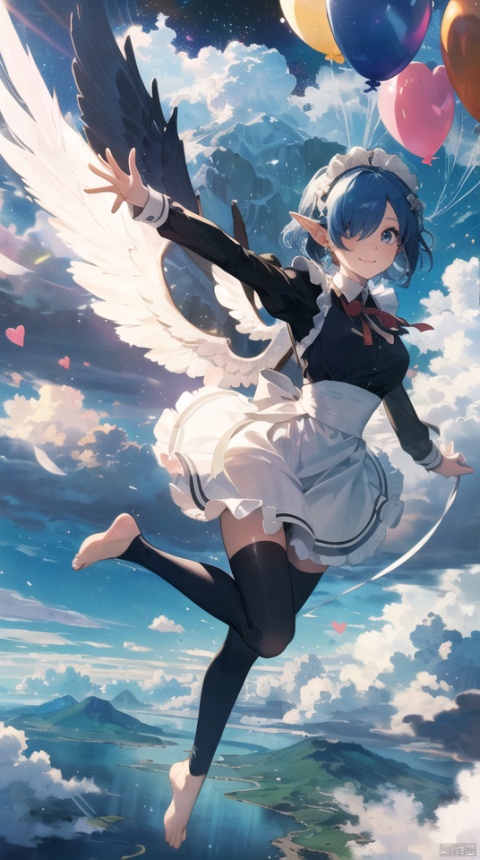  masterpiece, best quality, 1girl, 30 years old,solo,breasts, looking at viewer,(fantasy) ,smile, elf ears,short hair, blue eyes,galaxy,magic circle, hair ornament, ribbon, blue hair, hair ribbon, angel wings with wind effect, hair over one eye, barefoot,cloud,maid, parody, hearts balloon,sky castle, roswaal mansion maid uniform,  sky,cloud, segaev, landing, lora_eyes10, , jellyfishforest, See through maid, fazhen
