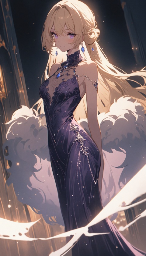  (masterpiece), best quality, very aesthetic, absurdres, (cinematic style),1 girl, fantasy,skinny body, pastel color, blonde hair, extra long hair, curvy hair, perfect face, purple eyes, detailed eyes, deep purple long turtleneck dress, glitter dress, lace cape, gems, pearls embroidery, elegance gala, luxury interior, shine, (fur shawl),succubus, kbxll, (\shen ming shao nv\)