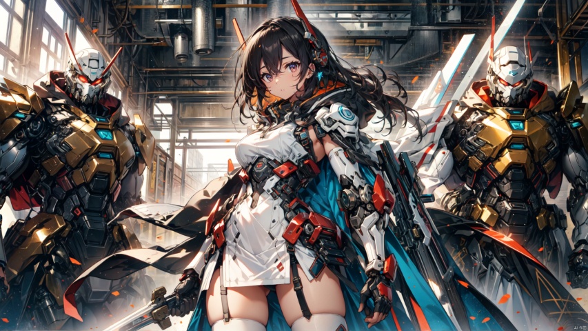  ((masterpiece:1.2)),(( best quality)), 1girl, weapon, black hair, solo, red eyes, sword,  breasts, holding sword, thighhighs, gloves, short hair, looking at viewer, white thighhighs, headgear, multicolored hair, closed mouth, black gloves, streaked hair, elbow gloves,breasts, hair between eyes, dress, mecha musume, hood, cape, machinery