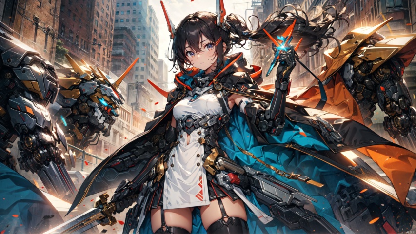  ((masterpiece:1.2)),(( best quality)), 1girl, weapon, black hair, solo, red eyes, sword,  breasts, holding sword, thighhighs, gloves, short hair, looking at viewer, white thighhighs, headgear, multicolored hair, closed mouth, black gloves, streaked hair, elbow gloves,breasts, hair between eyes, dress, mecha musume, hood, cape, machinery