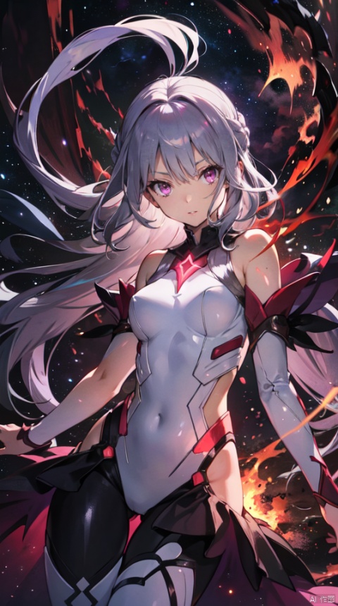  masterpiece, best quality, 1girl, solo, long hair, purple hair, slender,floating hair ,(extremely delicate eyes:1.3),mage, detailed light silver shiny armour,bare shoulders,white tight bodysuit , breasts, (perfect body),attacking, fire,electric ,magic, purple with red theme,galaxy,powerful ,fazhen, r1ge, CLOUD, Lora_hands_v1, prisma illya