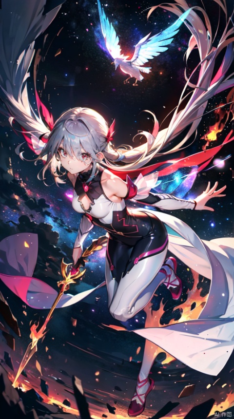  masterpiece, best quality, 1girl, solo, long hair, purple hair, slender,floating hair ,(extremely delicate eyes:1.3),mage, detailed light silver shiny armour,bare shoulders,white tight bodysuit , breasts, (perfect body),attacking pose,fire,electric ,magic, purple with red theme,full body,galaxy,powerful ,fazhen, r1ge, CLOUD, Lora_hands_v1, prisma illya,1girl,solo,looking at viewe