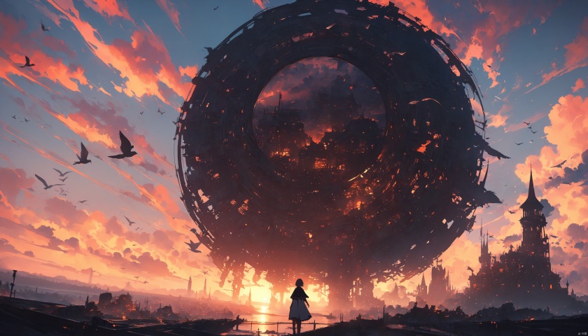 masterpiece,best quality,very aesthetic,ultra sharp,ultra details,intricate details,absurdres,1girl, cloud, scenery, sky, solo, outdoors, dress, horizon, fantasy, standing, tower, short hair, sunset, from behind, cloudy sky, bird, capelet, sunrise, blue sky, sunset, facing away, cityscape, city