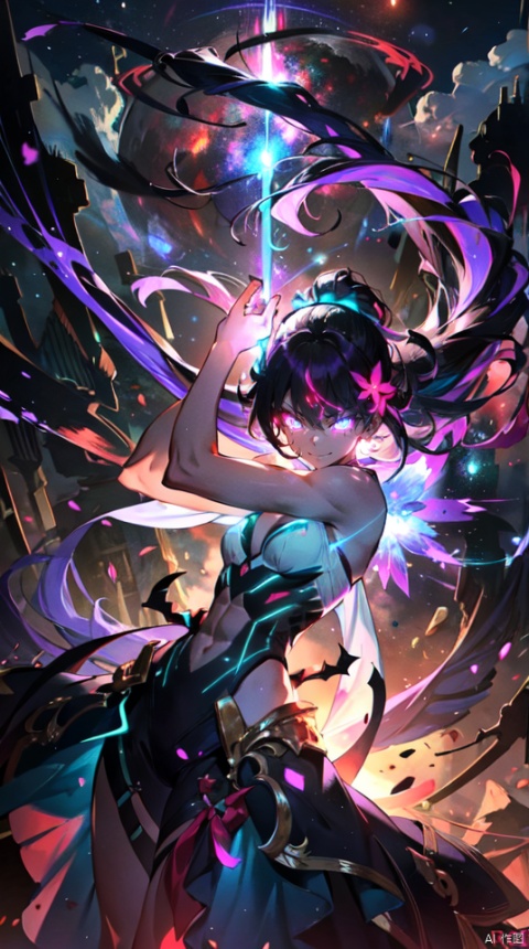  masterpiece, best quality, 1girl, solo, long hair, purple hair, long white dress,slender,fantasy,,floating hair, glowing,
teal eyes,(bloom effect), (glow), (glowing eyes), bare shoulders, (muscle), jewel like eyes, white and pure white, small breasts, (abs), teal hair, (glowing), (strong body), dress, body neon trim,smirk,fire,electric ,magic, purple with red theme,galaxy,powerful ,fazhen, r1ge, CLOUD