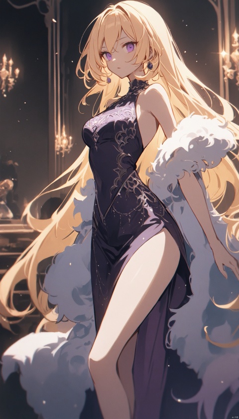  (masterpiece), best quality, very aesthetic, absurdres, (cinematic style),1 girl, fantasy,skinny body, pastel color, blonde hair, extra long hair, curvy hair, perfect face, purple eyes, detailed eyes, deep purple long turtleneck dress, glitter dress, lace cape, gems, pearls embroidery, elegance gala, luxury interior, shine, (fur shawl),succubus, kbxll, (\shen ming shao nv\)