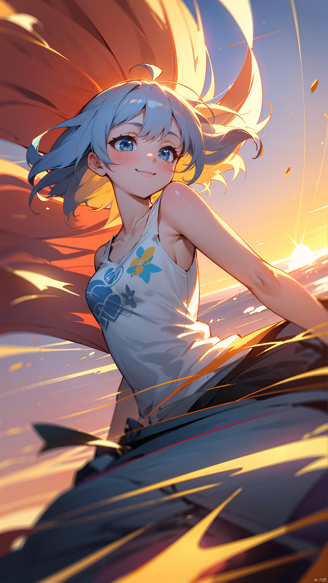 masterpiece, best quality , 1girl, Fantasy world, cute patterned white **** top ,strong wind, sunset, travel, Light in the face, windy, strong sunset,smile, kawaii, (dynamic angle),blue eyes, Lora_hands_v1, girl