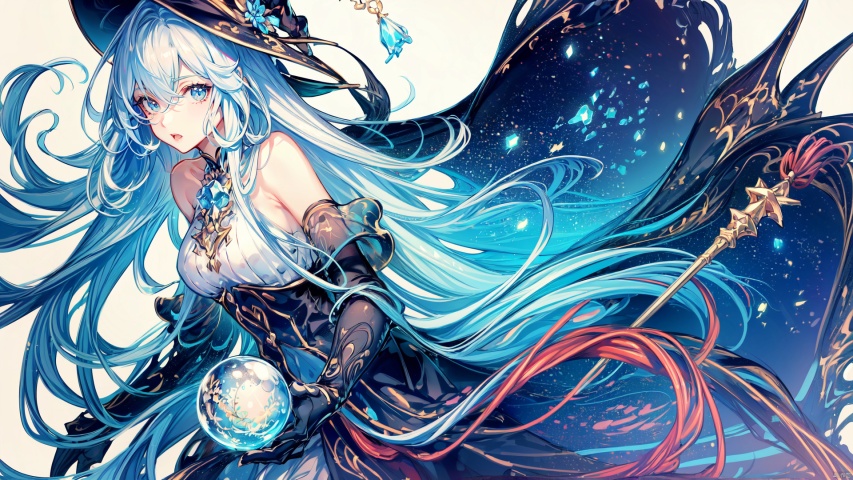  (((masterpiece))), ((extremely detailed CG unity 8k wallpaper)), best quality, high resolution illustration, Amazing, highres, intricate detail, (best illumination, best shadow, an extremely delicate and beautiful), Fantasy World,a little girl, cute girl, bare shoulders,closed mouth, 
long hair, blue hair, blue eyes, blue which hat, 
oversized white shirt, dark cape, wind magic, 
(long sorcerer's staff, holding a wand with a blue crystal orb at the tip in one hand:1.2), 
kawaiitech, kawaii, cute colors, Magic Circle, Magic MIX1, fansty world