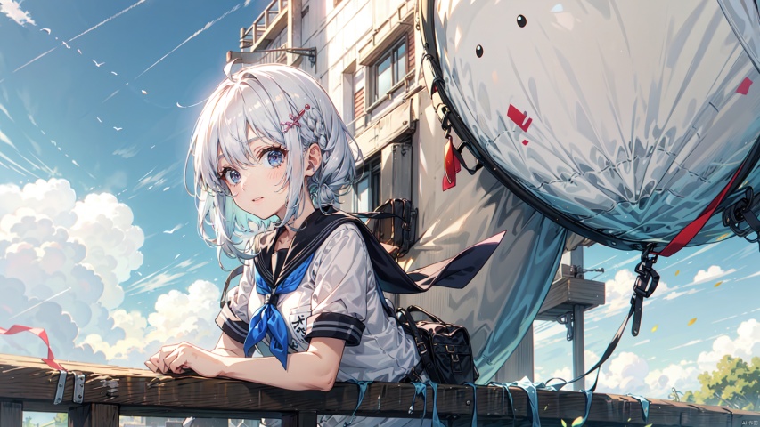 1girl, solo, long hair, breasts, looking at viewer, blush, smile, bangs, blue eyes, shirt, hair ornament, school uniform, white shirt, upper body, white hair, short sleeves, outdoors, sky, teeth, serafuku, day, cloud, sailor collar, grin, from side, blue sky, neckerchief, floating hair, white sailor collar, railing, blue neckerchief, cozy anime, segaev