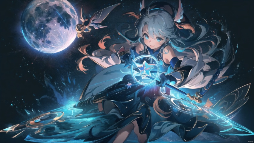  masterpiece, extremely detailed CG unity 8k wallpaper, best quality, high resolution illustration, Amazing, highres, intricate detail,  Fantasy World,(a little girl, cute girl), bare shoulders,closed mouth, 
long hair, blue hair, blue eyes, blue which hat, 
oversized white shirt, dark cape, wind magic, 
(long sorcerer's staff, holding a wand with a blue crystal staff ), magic pose,
kawaiitech, kawaii, cute colors, Magic Circle, Magic MIX1, fansty world, SEGAE, segaev, As the moon, prisma illya