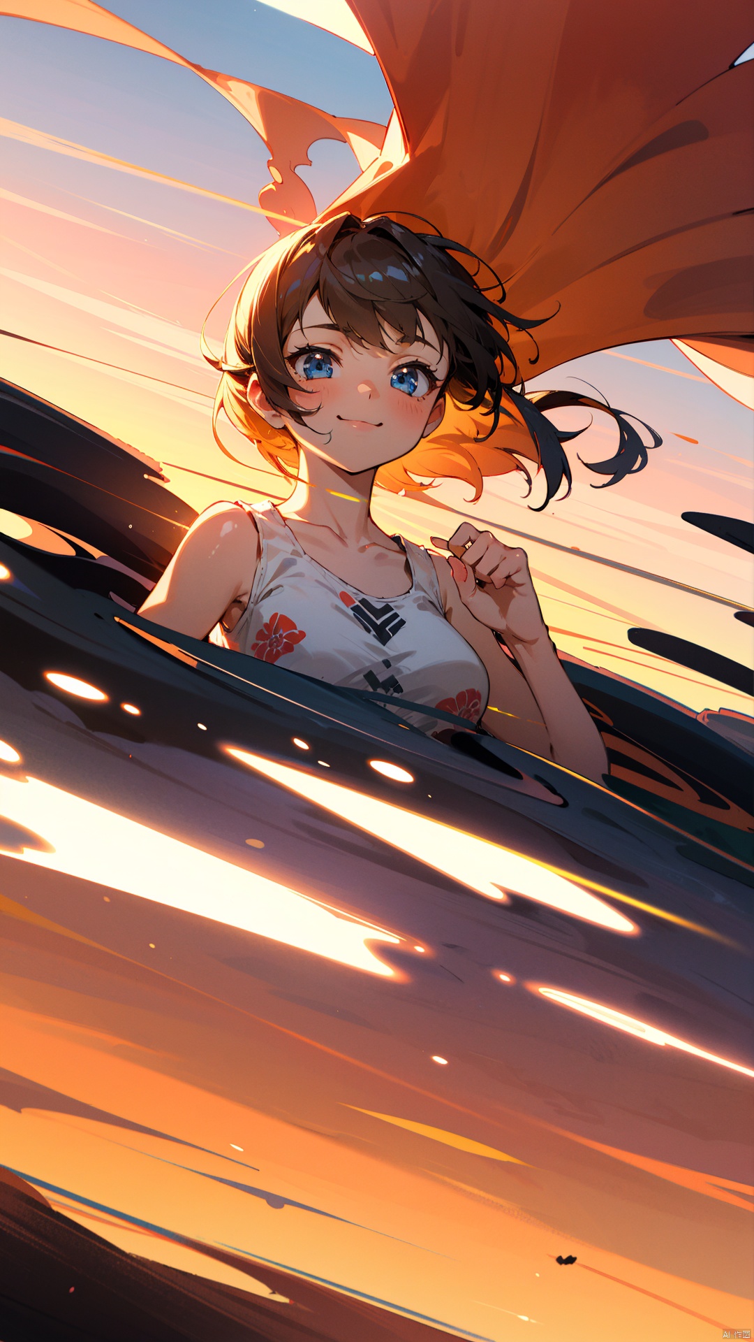 masterpiece, best quality , 1girl, Fantasy world, cute patterned white **** top ,strong wind, sunset, travel, Light in the face, windy, strong sunset,smile, kawaii, (dynamic angle),blue eyes, Lora_hands_v1, girl