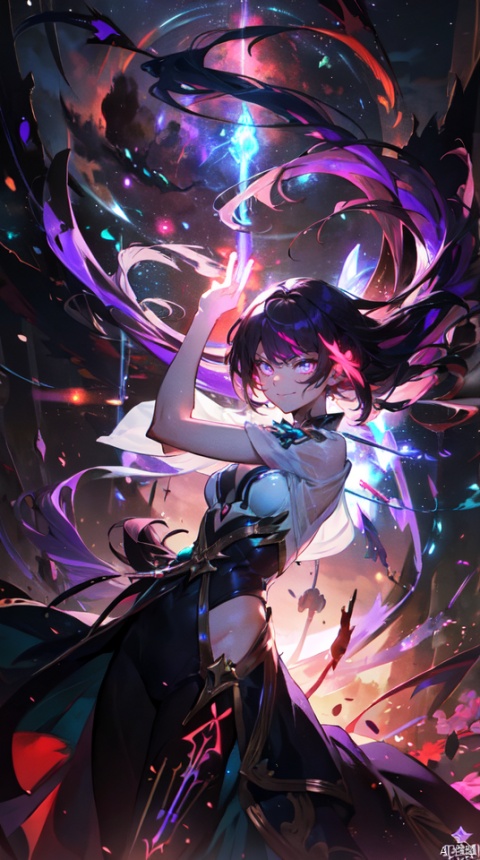  masterpiece, best quality, 1girl, solo, long hair, purple hair, long white dress,slender,fantasy,,floating hair, glowing,
teal eyes,(bloom effect), (glow), (glowing eyes), bare shoulders, (muscle), jewel like eyes, white and pure white, small breasts, (abs), teal hair, (glowing), (strong body), dress, body neon trim,smirk,fire,electric ,magic, purple with red theme,galaxy,powerful ,fazhen, r1ge, CLOUD