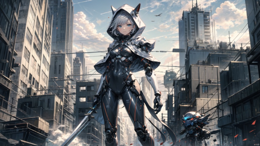  ((masterpiece:1.2)),(( best quality)), 1girl,  ,holding, sky, solo, hood up, , hood, outdoors, cloud, holding machinery sword, blue sky, white hair, short hair, ruins, building, standing, grey hair, day, from below, bodysuit, cape ,machinery, tianxie, ROBOTANIMESTYLE, robot girl,