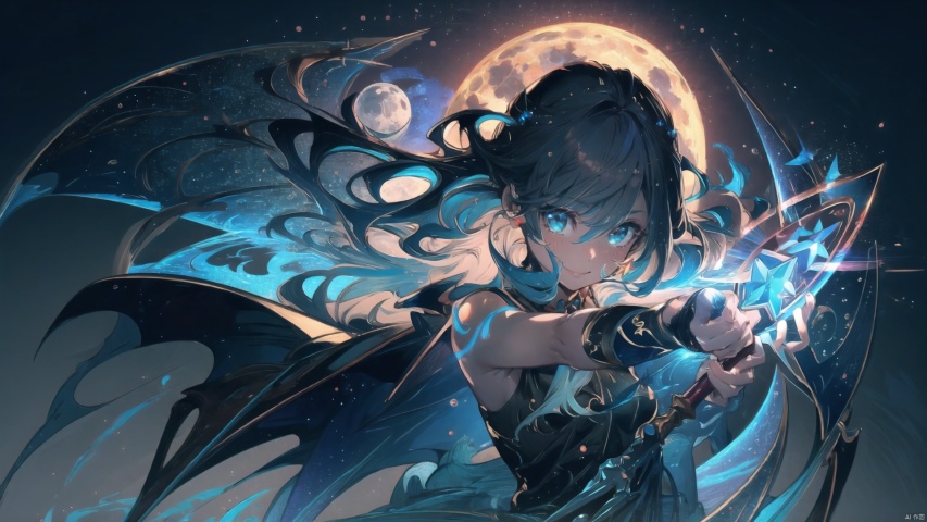  masterpiece, extremely detailed CG unity 8k wallpaper, best quality, high resolution illustration, Amazing, highres, intricate detail,  Fantasy World,(a little girl, cute girl), bare shoulders,closed mouth, 
long hair, blue hair, blue eyes, blue which hat, 
oversized white shirt, dark cape, wind magic, 
(long sorcerer's staff, holding a wand with a blue crystal staff ), magic pose,
kawaiitech, kawaii, cute colors, Magic Circle, Magic MIX1, fansty world, SEGAE, segaev, As the moon, prisma illya