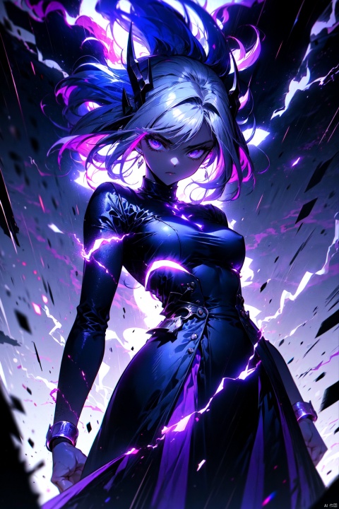 vibrant colors, girl, masterpiece, sharp focus, best quality, depth of field, cinematic lighting, long white hair, mature woman, attractive, psychotic, crazy, purple lightning, purple aura, dynamic pose, purple electricity, purple dress, thunderstorm, light bolts,, 