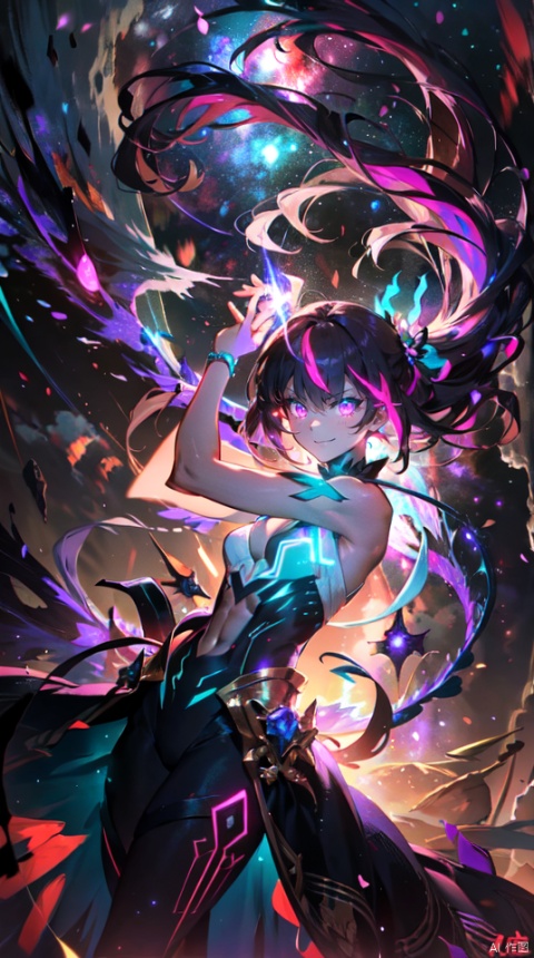  masterpiece, best quality, 1girl, solo, long hair, purple hair, long white dress,slender,fantasy,,floating hair, glowing,
teal eyes,(bloom effect), (glow), bare shoulders, (muscle), jewel like eyes, white and pure white, small breasts, (abs), teal hair, (glowing), (strong body), dress, body neon trim,smirk,fire,electric ,magic, purple with red theme,galaxy,powerful ,fazhen, r1ge, CLOUD