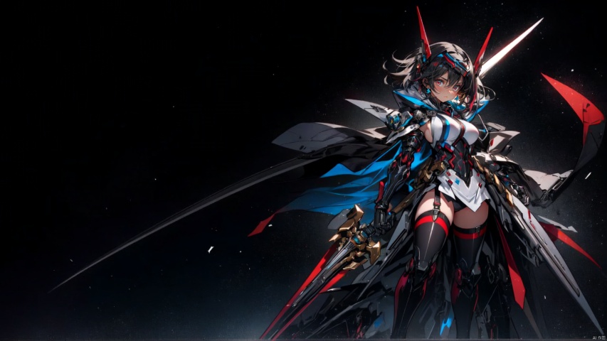  ((masterpiece:1.2)),(( best quality)), (female): solo, (perfect face), 1girl, weapon, black hair, solo, holding, red eyes, sword, holding weapon, breasts, holding sword, thighhighs, gloves, short hair, looking at viewer, white thighhighs, headgear, multicolored hair, closed mouth, black gloves, streaked hair, elbow gloves, large breasts, hair between eyes, dress, mecha musume, black background, hood, cape