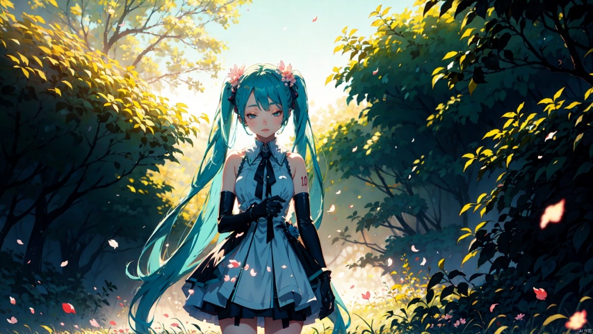 an anime character standing in the mist in a soft light setting with leaves in the air, 1girl, hatsune miku, solo, dress, long hair, closed eyes, twintails, elbow gloves, gloves, petals, very long hair, white dress, hair ornament