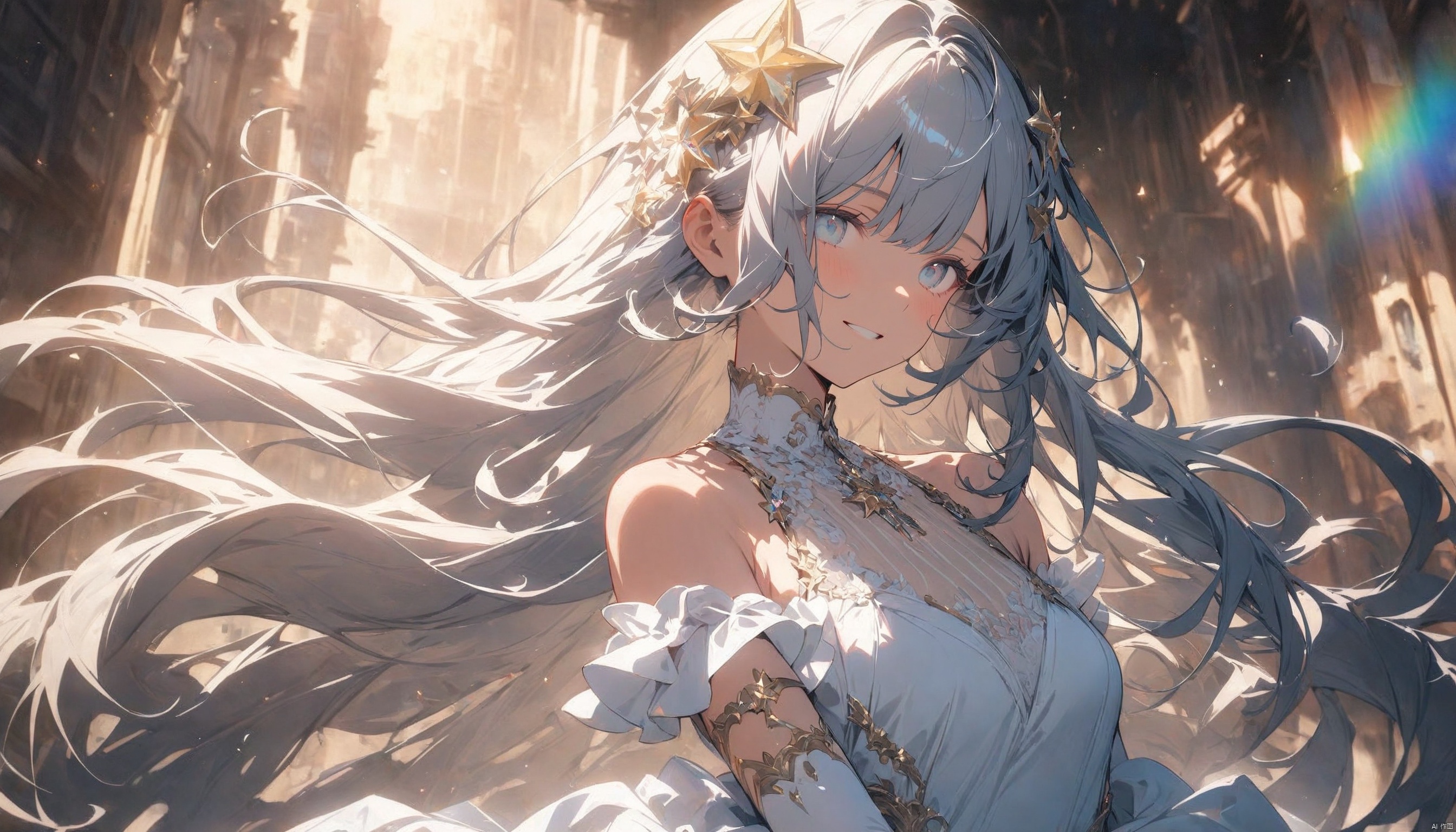  (masterpiece),(best quality:1.3),very aesthetic, absurdres, newest,(highres, best quality:1.2), radiance, soft contours, beautiful drawing, upper body, concept art, detailed background, bright colors,
1girl, (illustration), (perfect details, highest detailed, extreme detailed), dramatic light, (white thighhighs, elbow gloves, hair ornament, star hair ornament, dress), rainbow hair, long hair), (street, sunlight, shy smile, floating hair, )