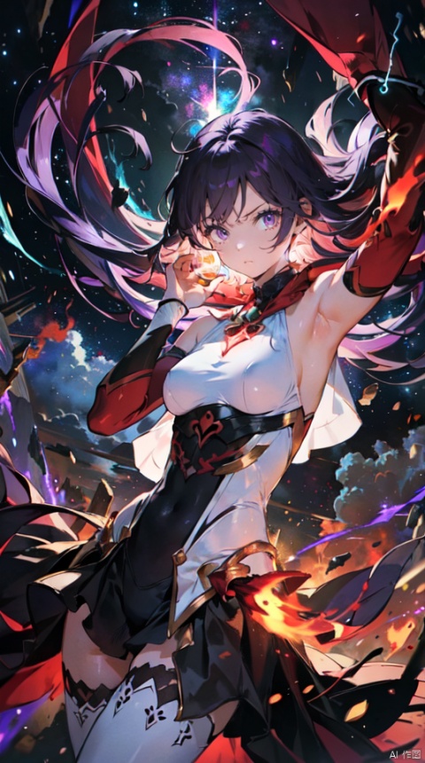  masterpiece, best quality, 1girl, solo, long hair, purple hair, slender,floating hair, mage ,bare shoulders,white dress,white bodysuit , breasts, (perfect hand:1.1),attacking, fire,electric ,magic, purple with red theme,galaxy,powerful ,fazhen, r1ge, CLOUD, Lora_hands_v1