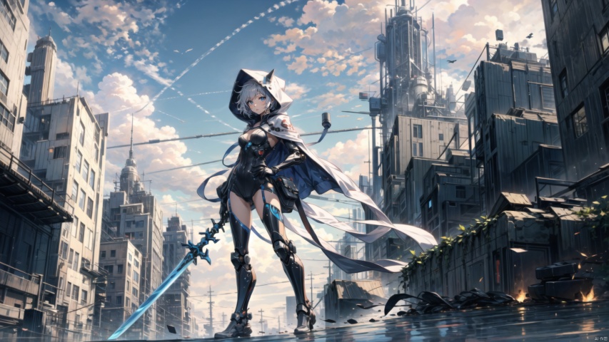  ((masterpiece:1.2)),(( best quality)), 1girl,  ,holding, sky, solo, hood up, , hood, outdoors, cloud, holding sword, blue sky, white hair, short hair, ruins, building, standing, grey hair, day, from below, bodysuit, cape ,machinery, tianxie, ROBOTANIMESTYLE, robot girl,